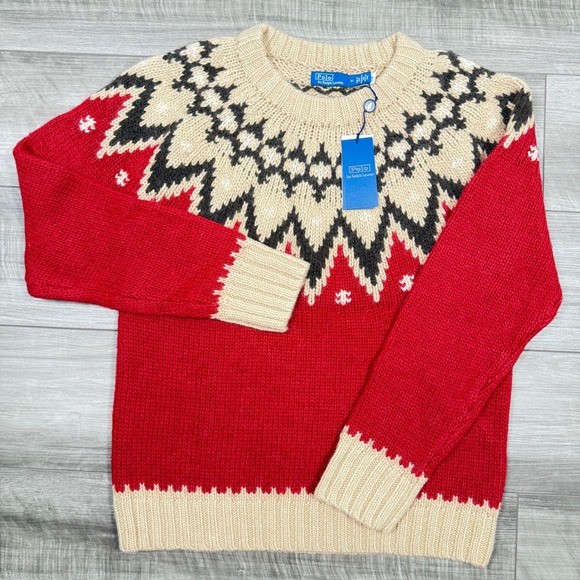 Polo Ralph Lauren Fair Isle Sweater Women's Medium Red Tan Black Knitwear NEW - Picture 1 of 7